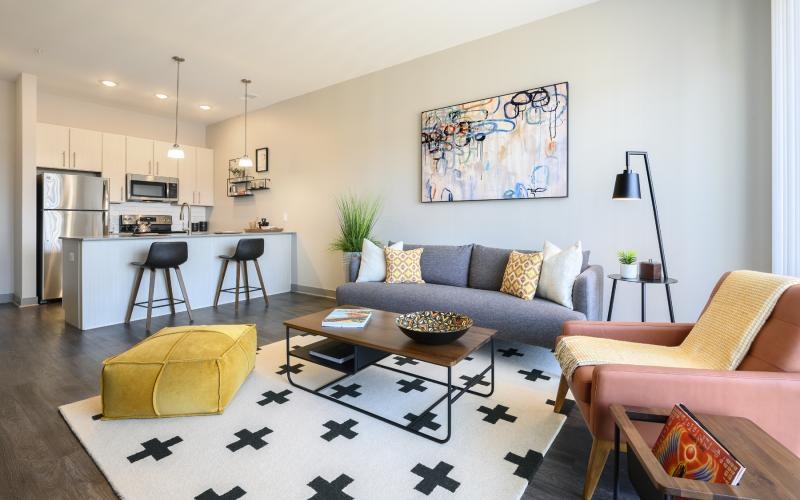 a living room with a couch and a coffee table