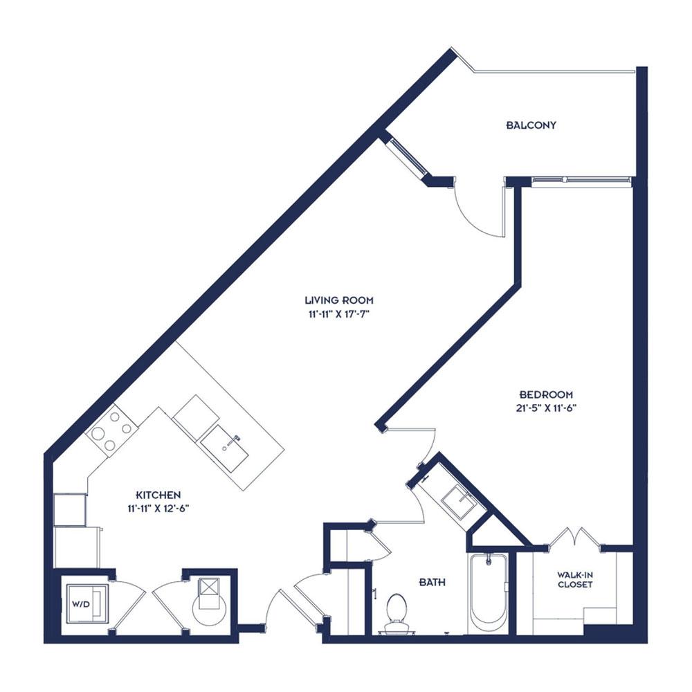 Rendering of the A8 floor plan with 1 bedroom[s] and 1 bathroom[s] at RiverHaus