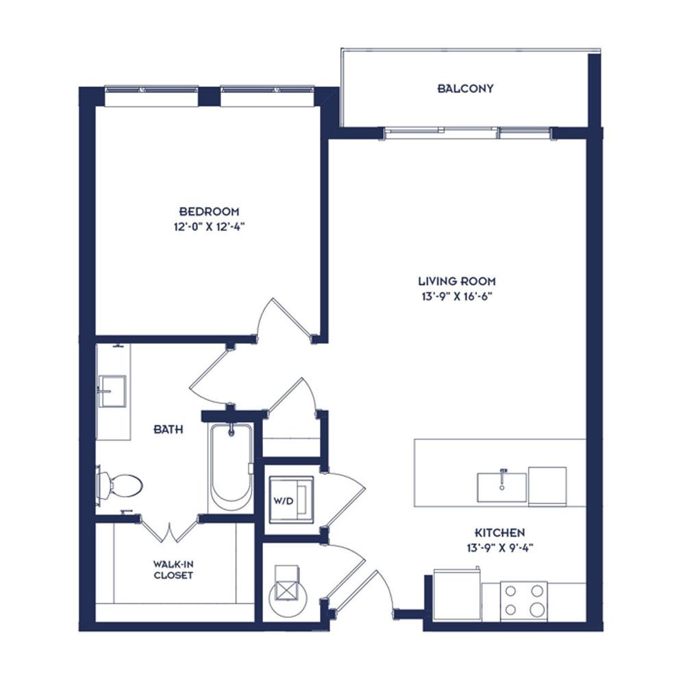 Rendering of the A2 floor plan with 1 bedroom[s] and 1 bathroom[s] at RiverHaus