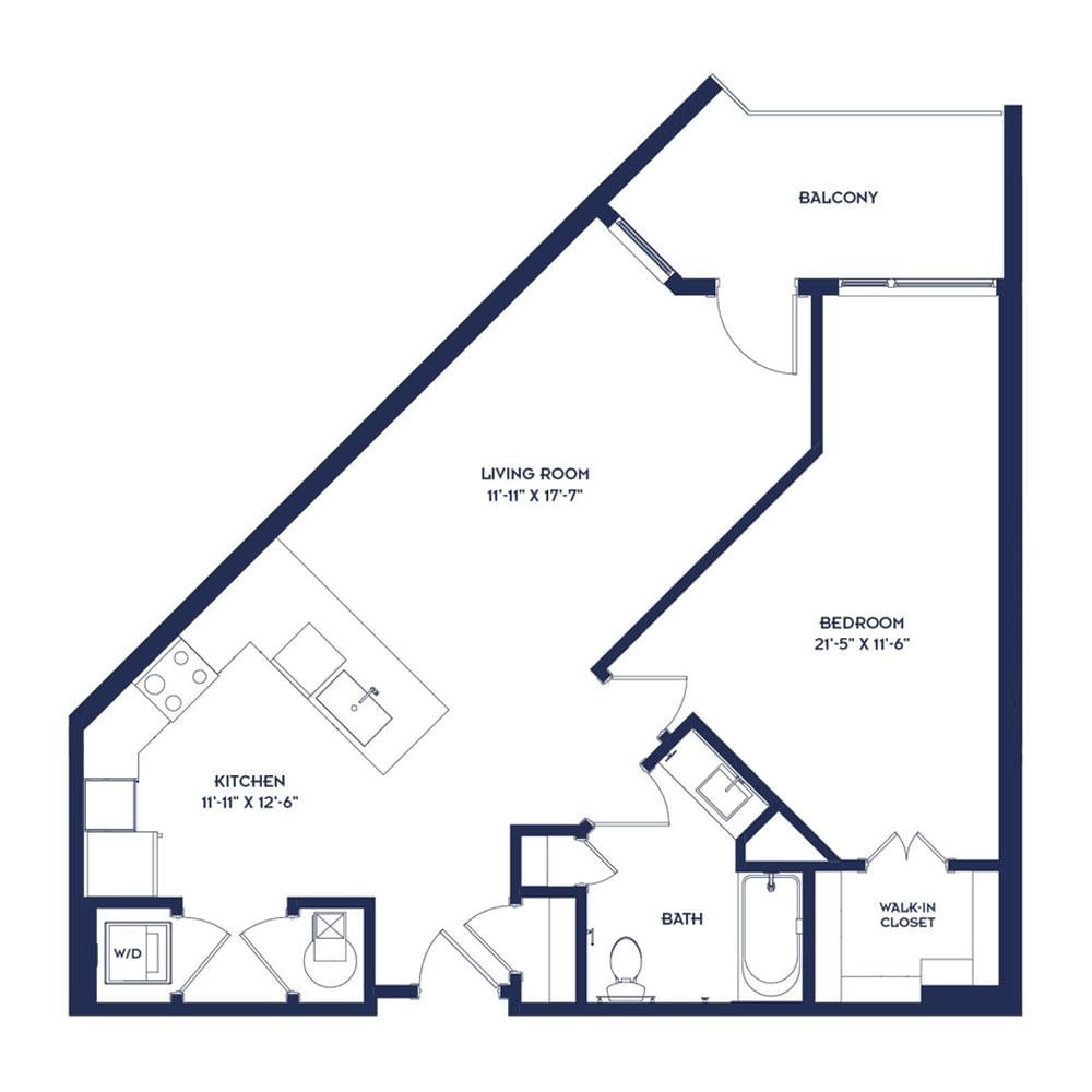 Rendering of the A8 floor plan with 1 bedroom[s] and 1 bathroom[s] at RiverHaus