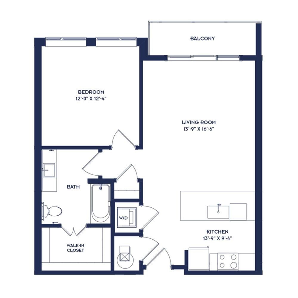 Rendering of the A2 floor plan with 1 bedroom[s] and 1 bathroom[s] at RiverHaus