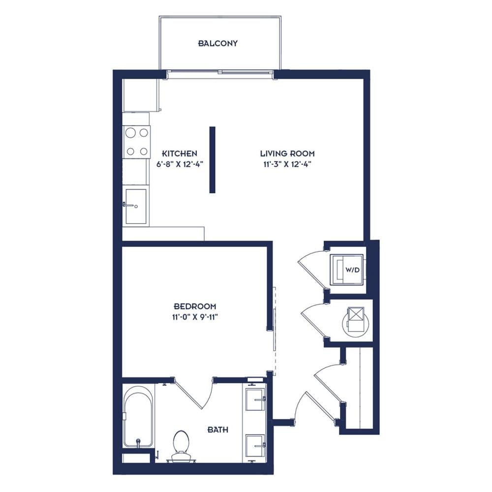 Rendering of the S2 floor plan with a Studio bedroom and 1 bathroom[s] at RiverHaus